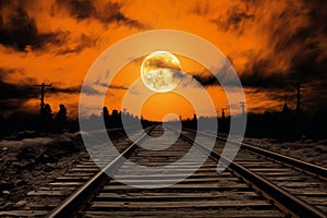 Train track with full moon in the background and clouds. Generative AI