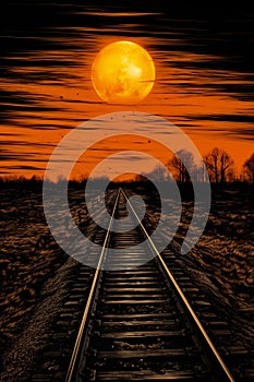 Train track with full moon in the background and red sky. Generative AI