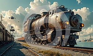 A train is on the tracks with a cloudy sky in the background.