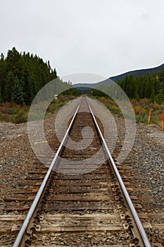 Train tracks crossing the rocky mountains of Canada