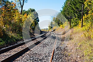 Train tracks curving left with telegraph poles on right