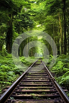 train tracks disappearing into a lush green forest