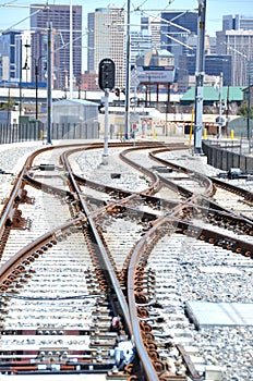 Train tracks going towards Downtown Denver.