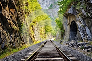 train tracks going through a tunnel in a rocky landscape