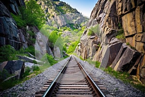 train tracks going through a tunnel in a rocky landscape