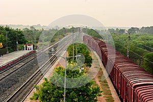 Train and tracks from high angle