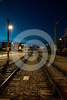 Train tracks at night