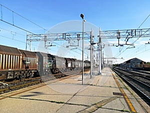 Train tracks perspective view. Transportation mode