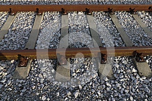 Train tracks, Rail-train infrastructure. Railway close up.