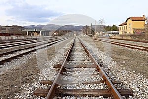 Train tracks, Rail-train infrastructure. Railway close up.