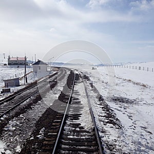 Train tracks on snowy landscape