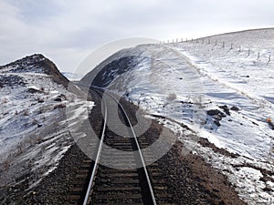 Train tracks on snowy landscape