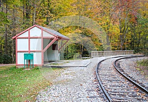 Train tracks surrounded by trees in a forest at daytime in Randolph Country in the US