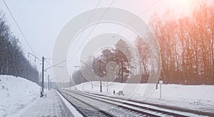Train tracks in winter mist