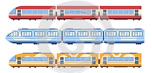 Train, Tram and Subway Wagons Side View, Metro Locomotive on Rails, Isolated Modern Commuter City Transport, Railway