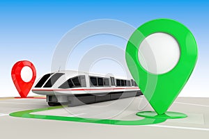 Train Travel Concept. Super High Speed Futuristic Commuter Train from above of Abstract Navigation Map with Target Map Pointers.