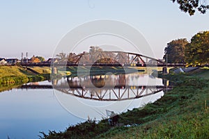 Train traveling across the Morava river in the Czech Republic