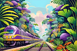 Train traveling through the lush green forest jungle. Fanstasy tropical background ai generated