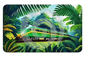 Train traveling through the lush green forest jungle. Fanstasy tropical background ai generated