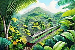 Train traveling through the lush green forest jungle. Fanstasy tropical background ai generated