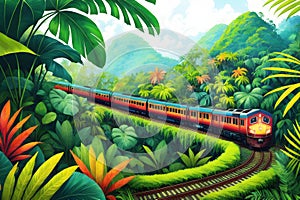 Train traveling through the lush green forest jungle. Fanstasy tropical background ai generated