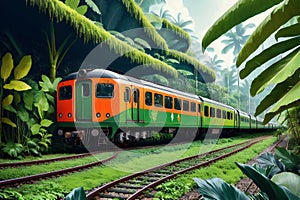 Train traveling through the lush green forest jungle. Fanstasy tropical background ai generated