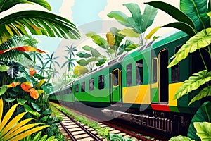 Train traveling through the lush green forest jungle. Fanstasy tropical background ai generated