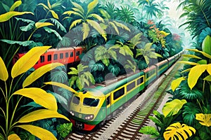 Train traveling through the lush green forest jungle. Fanstasy tropical background ai generated