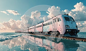 A train is traveling on a track next to the ocean.