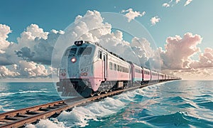 A train is traveling on tracks in the ocean.