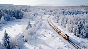 The train travels along the railway in the snowy winter forest