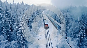 The train travels along the railway in the snowy winter forest