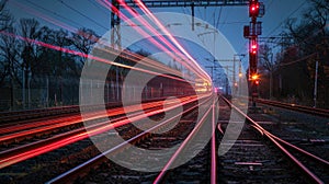 A train travels along the railway tracks, passing by a red traffic light