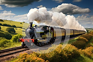 A train travels down train tracks next to a lush green hillside in this scenic countryside view, A vintage steam train speeding