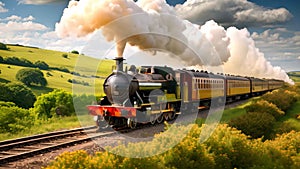 A train travels down train tracks next to a lush green hillside in this scenic countryside view, A vintage steam train speeding