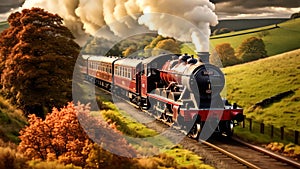 A train travels down train tracks next to a lush green hillside, A vintage steam train speeding across the countryside, AI