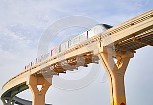 a train travels on a monorail in Dubai, United Arab Emirates