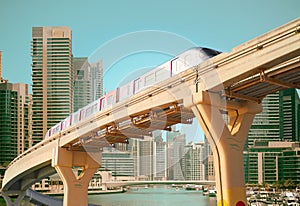 a train travels on a monorail in Dubai, United Arab Emirates