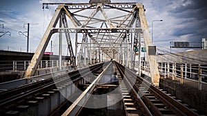 Train trestle bridge over river . the railway bridge of iron