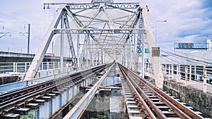 Train trestle bridge over river . the railway bridge of iron