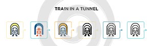 Train in a tunnel vector icon in 6 different modern styles. Black, two colored train in a tunnel icons designed in filled, outline