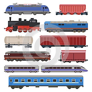Train vector railway transport locomotive or wagon and subway or metro transportation illustration set of transportable