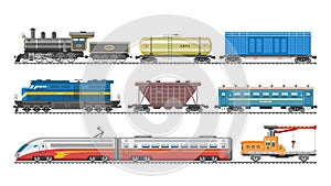 Train vector railway transport locomotive or wagon and subway or metro transportation illustration set of transportable photo