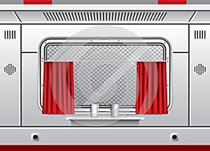 Train Wagon Interior with Window and Red Curtain. Train Travel. Comfortable Voyage