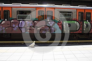 Train wagon at the station of Monastiraki in Athens, Greece, with a bird