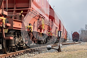 Train wagons carrying freight containers for shipping companies. distribution and freight transport by a railway