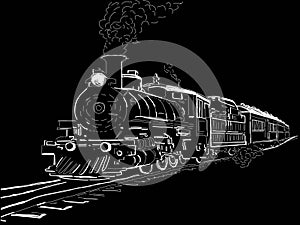 Steam locomotive on a black background. Vector illustration of a steam locomotive.