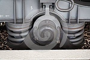 Train wheel close-up with large spring