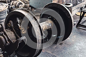 train wheel or rail wheel. old used closeup servicing spare part pair train steel wheels