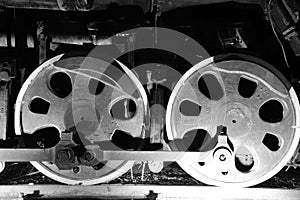 Train wheels in black and white